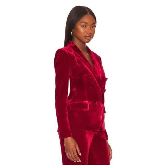 NWT L'AGENCE Kenzie Red Crushed Velvet Double Breasted Blazer Jacket - Picture 3 of 15